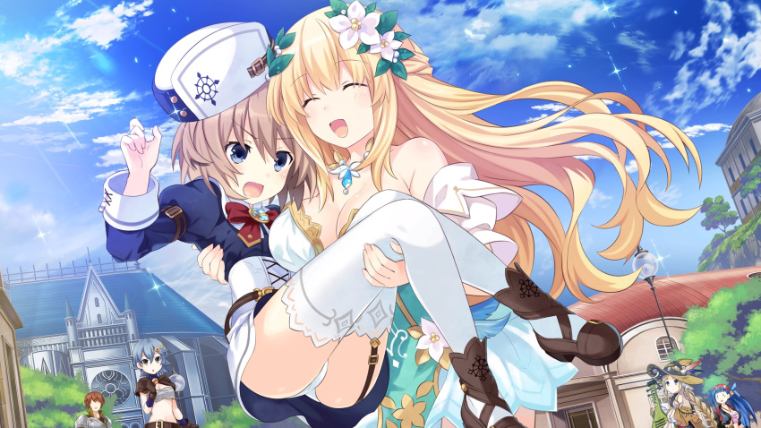 1boy 5girls absurdres ass blanc blonde_hair blue_eyes blue_hair blue_sky blush braid breasts brown_hair carrying choujigen_game_neptune city cleavage closed_eyes collarbone cowboy_shot dress embarrassed flower four_goddesses_online:_cyber_dimension_neptune full_body hair_flower hair_ornament height_difference highres jewelry large_breasts long_hair medium_breasts multiple_girls navel neptune_(series) official_art open_mouth panties princess_carry ribbon shiny shoes short_hair sky small_breasts stomach tamsoft_(choujigen_game_neptune) thigh-highs tied_hair underwear vert white_panties yuri