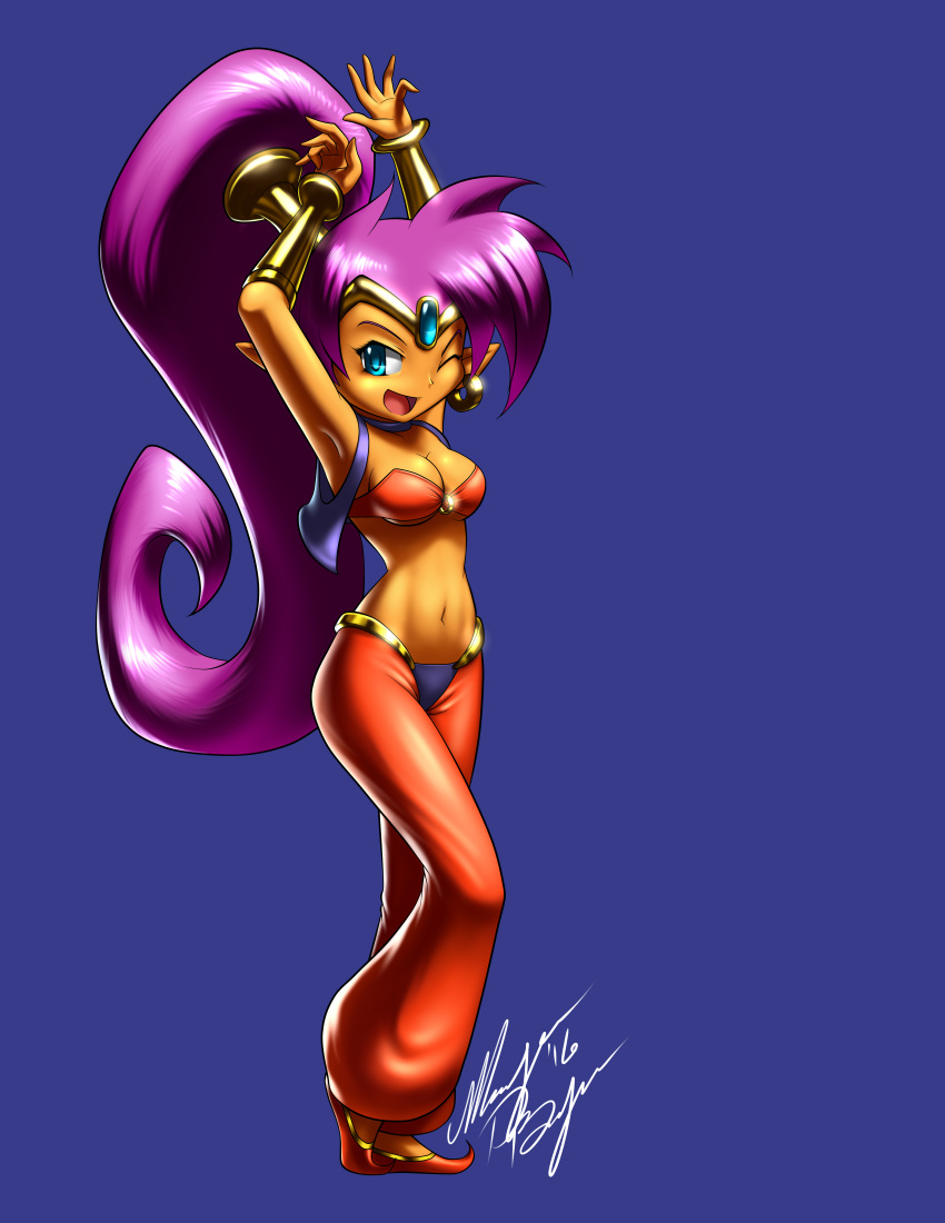 1girl absurdres armpits arms_up bandeau blue_background blue_eyes breasts choker cleavage dark_skin earrings forehead_jewel full_body harem_pants highres hoop_earrings jewelry long_hair marquis_devon_burgess medium_breasts midriff navel one_eye_closed open_mouth pants pointy_ears pointy_shoes ponytail purple_hair shantae shantae_(character) shantae_(series) shantae_and_the_pirate's_curse shoes signature solo tiara under_boob very_long_hair vest