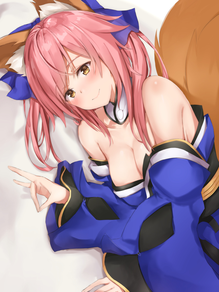 1girl animal_ears bangs bare_shoulders blue_ribbon blush breasts cleavage closed_mouth detached_collar detached_sleeves eyebrows_visible_through_hair fate/extra fate_(series) fox_ears fox_shadow_puppet hair_ribbon highres japanese_clothes long_hair long_sleeves looking_at_viewer lying maosame medium_breasts obi on_side pink_hair ribbon sash sleeves_past_wrists solo swept_bangs tamamo_(fate)_(all) tamamo_no_mae_(fate) upper_body wide_sleeves yellow_eyes