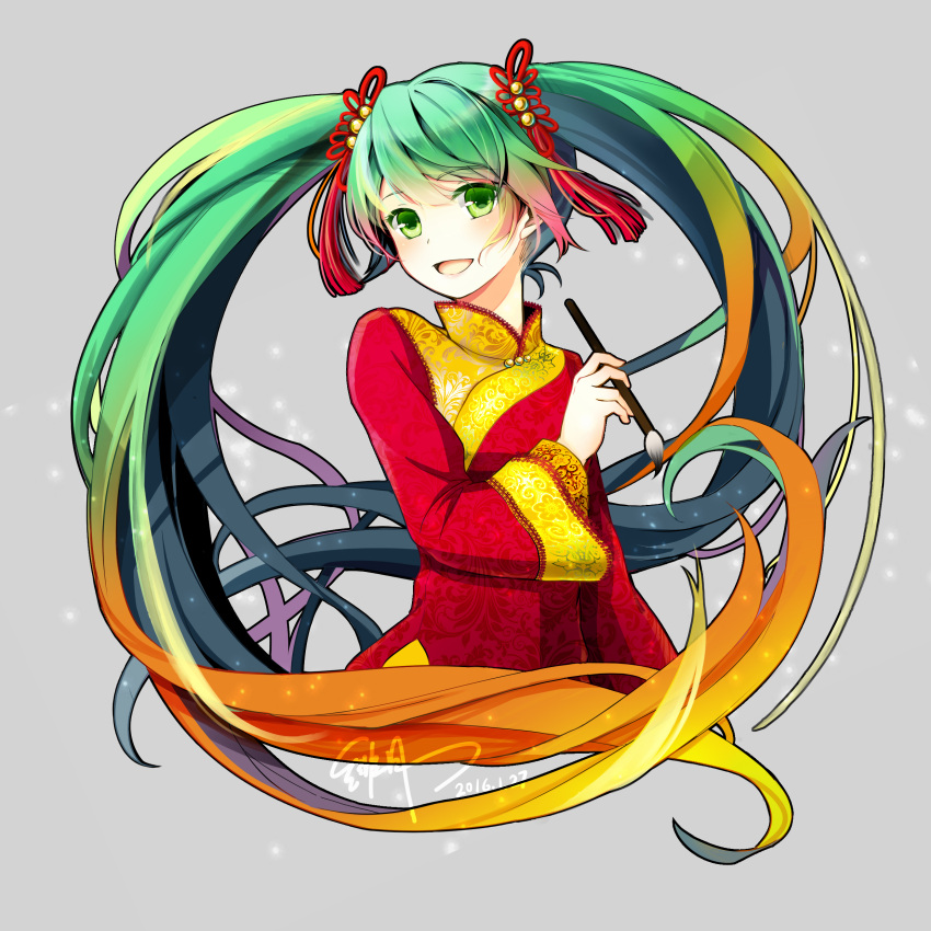 1girl absurdres china_dress chinese_clothes dated dress gradient_hair green_eyes green_hair hatsune_miku highres multicolored_hair orange_hair paintbrush scarlet_moon signature solo twintails upper_body vocaloid