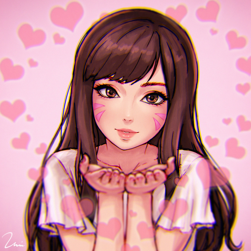 1girl absurdres blown_kiss brown_eyes brown_hair casual commentary commentary_request d.va_(overwatch) eyebrows eyelashes facial_mark head_tilt heart highres lips long_hair looking_at_viewer overwatch pink pink_background solo umigraphics whisker_markings