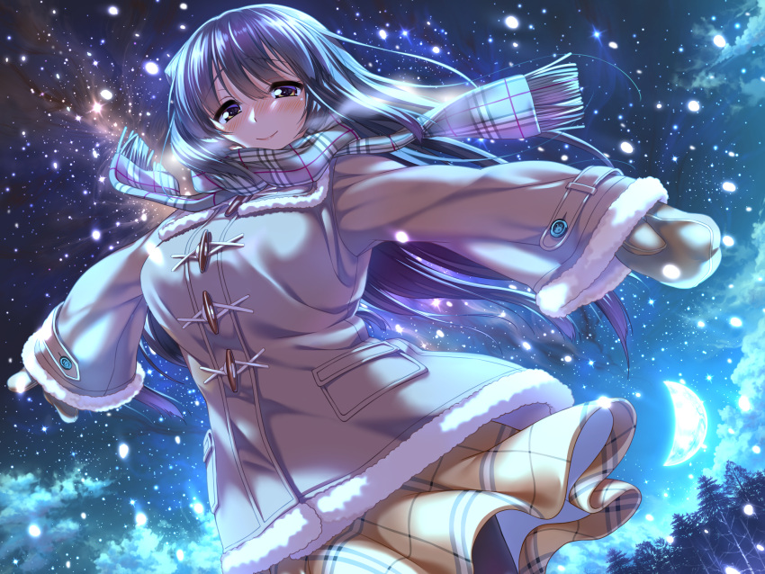 1girl amakano_~second_season~ coat fur_trim game_cg highres ichinose_honami_(amakano) long_hair long_sleeves looking_at_viewer mittens moon night official_art outdoors outstretched_arm piromizu plaid plaid_scarf plaid_skirt scarf skirt sky smile snowing solo star_(sky) starry_sky