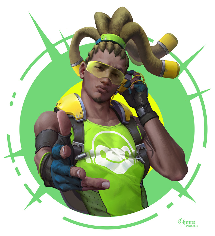 1boy armband brown_hair c_home dark_skin dark_skinned_male dated facial_hair fingerless_gloves gloves goatee hair_ornament hairlocs head_tilt headphones highres lips listening_to_music long_hair looking_at_viewer lucio_(overwatch) nose outstretched_hand overwatch realistic shoulder_pads sleeveless solo tattoo toned visor