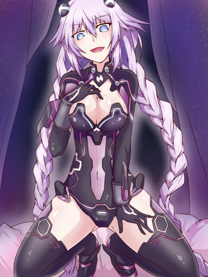 1girl blue_eyes braid breasts choujigen_game_neptune cleavage cleavage_cutout covered_navel female gluteal_fold hair_ornament highres kneeling large_breasts leotard long_hair neptune_(choujigen_game_neptune) neptune_(series) open_mouth purple_hair purple_heart smile solo symbol-shaped_pupils twin_braids very_long_hair