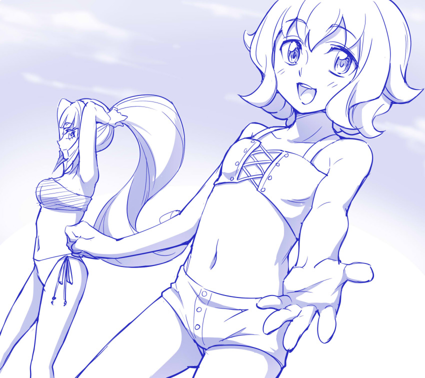adjusting_hair armpits arms_up atra_mixta bare_shoulders bikini blush clouds cloudy_sky cross-laced_clothes dutch_angle gundam gundam_tekketsu_no_orphans highres kudelia_aina_bernstein long_hair looking_at_viewer midriff monochrome navel ogry_ching open_mouth outstretched_hand ponytail short_hair short_shorts shorts side-tie_bikini sky smile swimsuit very_long_hair