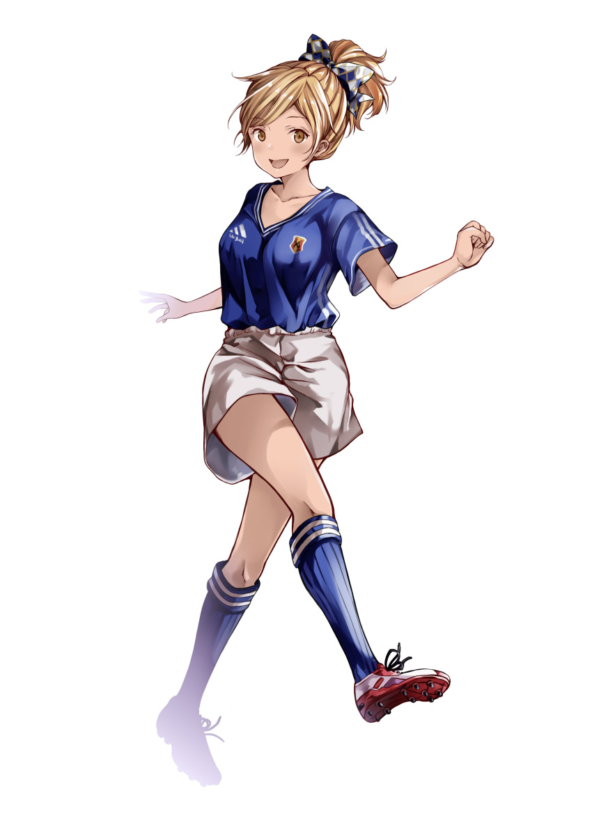 1girl :d absurdres adidas bangs blonde_hair blue_legwear blush bow breasts brown_eyes cleats eyebrows_visible_through_hair full_body granblue_fantasy_(style) hair_bow highres kneehighs looking_at_viewer medium_breasts open_mouth original ponytail ribbed_legwear shorts simple_background smile soccer_uniform solo sportswear swept_bangs white_background white_bow white_shorts yoshida_iyo