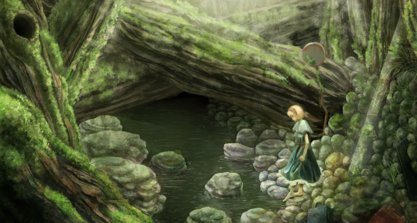 1girl alice_margatroid barefoot blonde_hair blue_dress capelet day dress fallen_tree full_body gas_can hairband lolita_hairband looking_down moss nature outdoors profile road_sign rock short_hair short_sleeves sign skirt_hold smile solo standing stepping_stones stream suitcase takeemon touhou