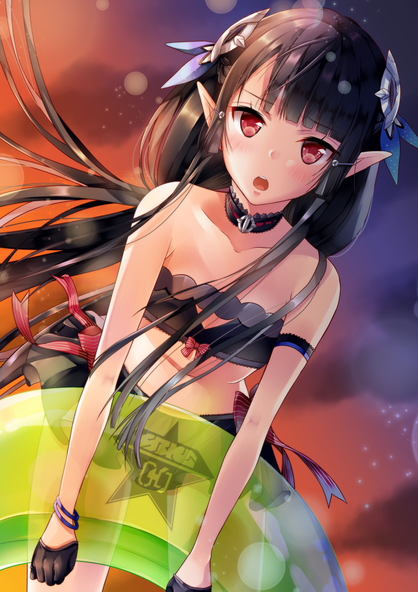 1girl absurdres anette_(pso2) bikini black_hair blush breasts choker dutch_angle gloves hair_ornament hairclip headgear highres innertube long_hair looking_at_viewer open_mouth phantasy_star phantasy_star_online_2 pointy_ears red_eyes small_breasts solo swimsuit yoshida_iyo