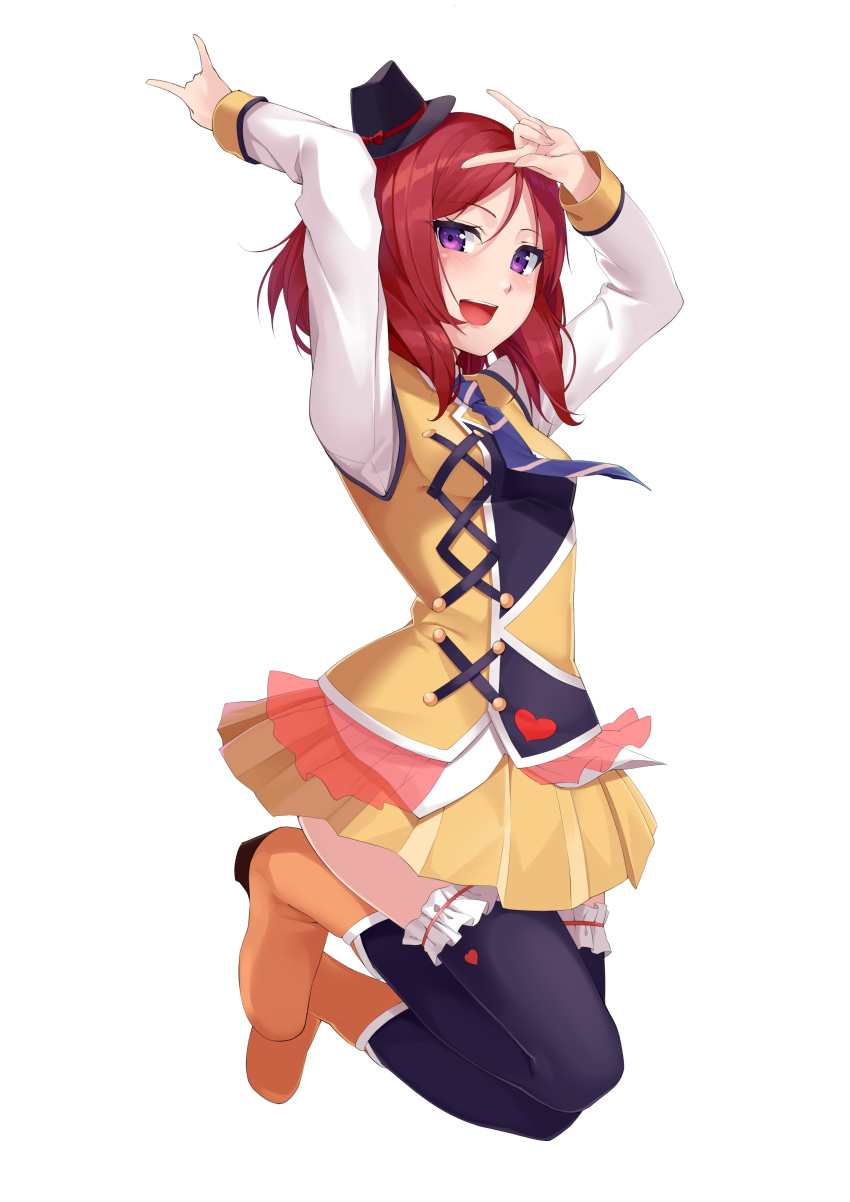 1girl :d absurdres blue_necktie blush boots full_body gesture ginopi hat highres idol looking_at_viewer love_live! love_live!_school_idol_project mini_hat mini_top_hat necktie nishikino_maki open_mouth pleated_skirt redhead short_hair_with_long_locks simple_background skirt smile solo teeth thigh-highs top_hat violet_eyes white_background yellow_skirt
