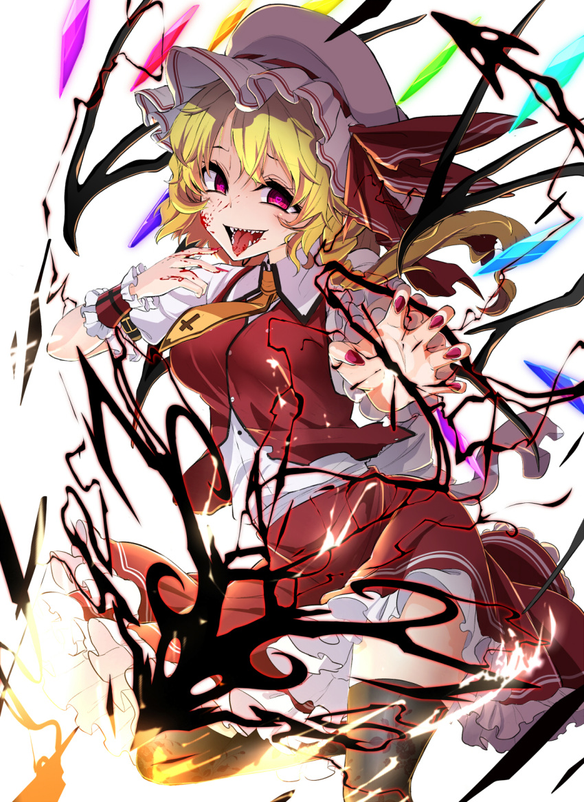 1girl belt black_legwear blonde_hair breasts buttons crazy_eyes flandre_scarlet floral_print hat hat_ribbon heart heart-shaped_pupils highres medium_breasts mob_cap nail_polish necktie puffy_short_sleeves puffy_sleeves red_eyes red_ribbon red_skirt ribbon rihito_(usazukin) sharp_teeth shirt short_sleeves simple_background skirt skirt_set solo symbol-shaped_pupils teeth thigh-highs tongue tongue_out touhou vest white_background white_shirt wings wrist_cuffs yellow_necktie