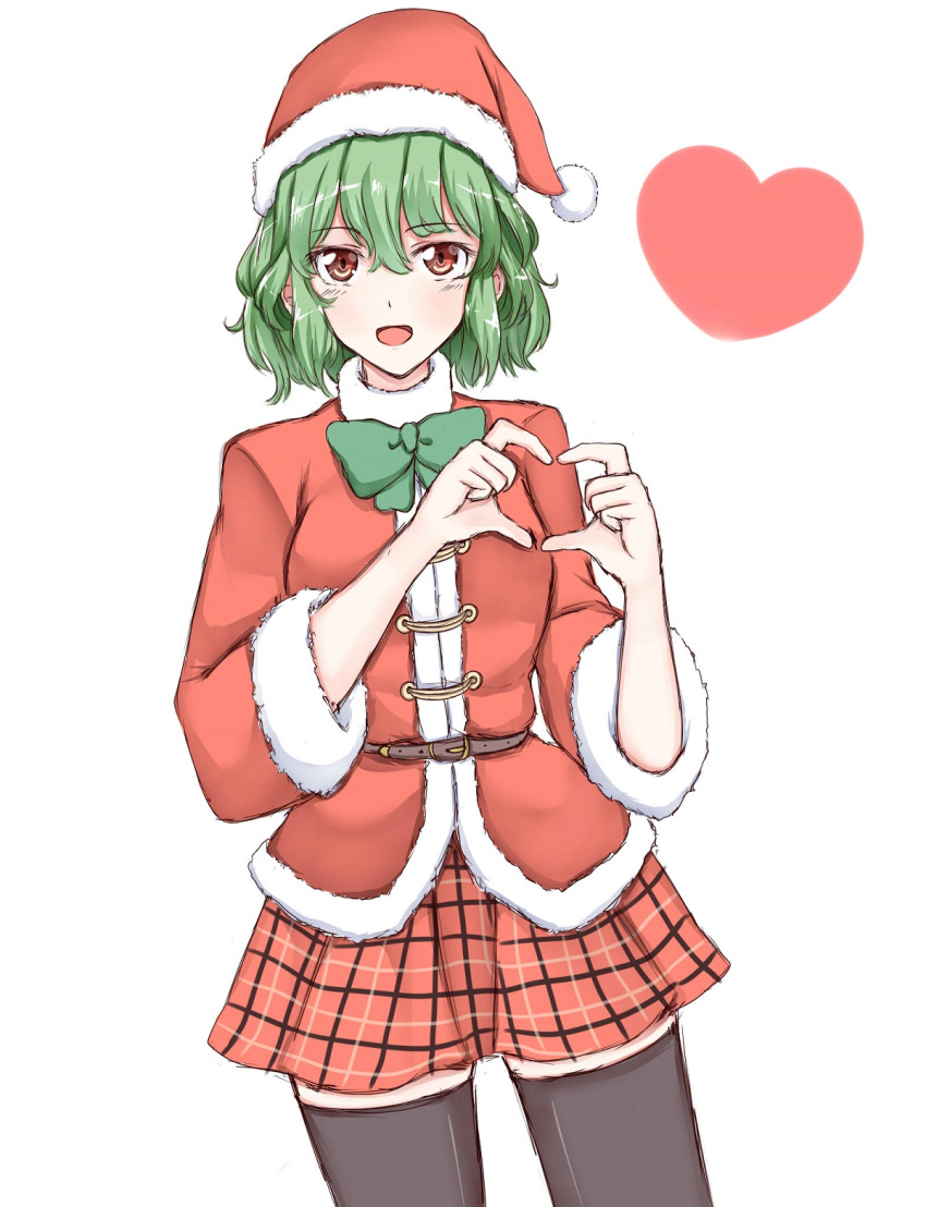 1girl :d bangs belt belt_buckle black_legwear blush bobblehat bow bowtie buckle cowboy_shot eyebrows_visible_through_hair fur-trimmed_sleeves fur_trim green_bow green_bowtie green_hair hair_between_eyes hand_gesture hat heart heart_hands highres kazami_yuuka long_sleeves looking_at_viewer open_mouth plaid plaid_skirt red_eyes red_hat red_skirt santa_costume short_hair simple_background skirt smile solo standing thigh-highs touhou wendell white_background zettai_ryouiki