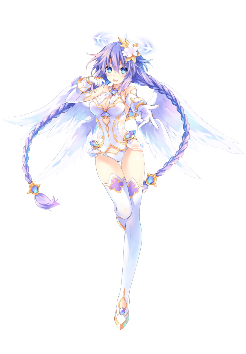 1girl absurdres angel_wings bare_shoulders blue_eyes braid breasts choujigen_game_neptune cleavage elbow_gloves female flower four_goddesses_online:_cyber_dimension_neptune full_body gloves hair_flower hair_ornament halo highres jessymoonn long_hair looking_at_viewer medium_breasts neptune_(series) official_art open_mouth purple_hair purple_heart reaching_out smile solo symbol-shaped_pupils thigh-highs thigh_gap transparent_background tsunako twin_braids very_long_hair white_legwear wings