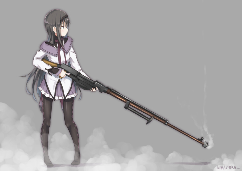 1girl akemi_homura anti-materiel_rifle argyle argyle_legwear black_hair boots capelet gun hairband high_heels long_hair magical_girl mahou_shoujo_madoka_magica pleated_skirt ptrs-41 rifle skirt sniper_rifle solo violet_eyes weapon yukiroku