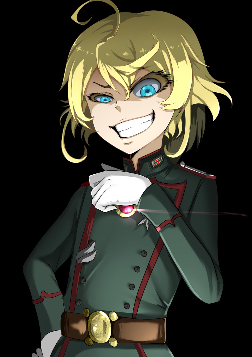 1girl :d absurdres ahoge badge bangs belt belt_buckle black_background blonde_hair blue_eyes buckle buttons clenched_teeth colored_eyelashes constricted_pupils epaulettes evil_grin evil_smile eyebrows_visible_through_hair fang gloves green_jacket grin hair_between_eyes hand_on_hip hand_up highres jacket jewelry k_kung long_sleeves looking_at_viewer messy_hair military military_jacket military_uniform no_hat no_headwear open_mouth shaded_face short_hair simple_background smile solo standing tanya_degurechaff teeth turtleneck uniform upper_body white_gloves youjo_senki