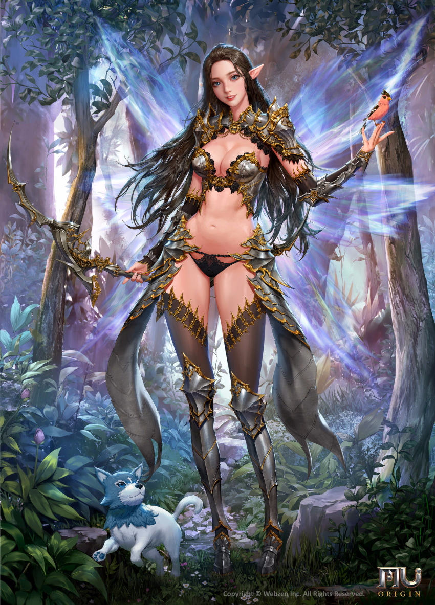 1girl absurdres animal armor bikini_armor black_hair blue_eyes breasts cleavage dospi fairy_wings forest full_body greaves highres long_hair mu_origin nature official_art pointy_ears solo standing thigh-highs wings