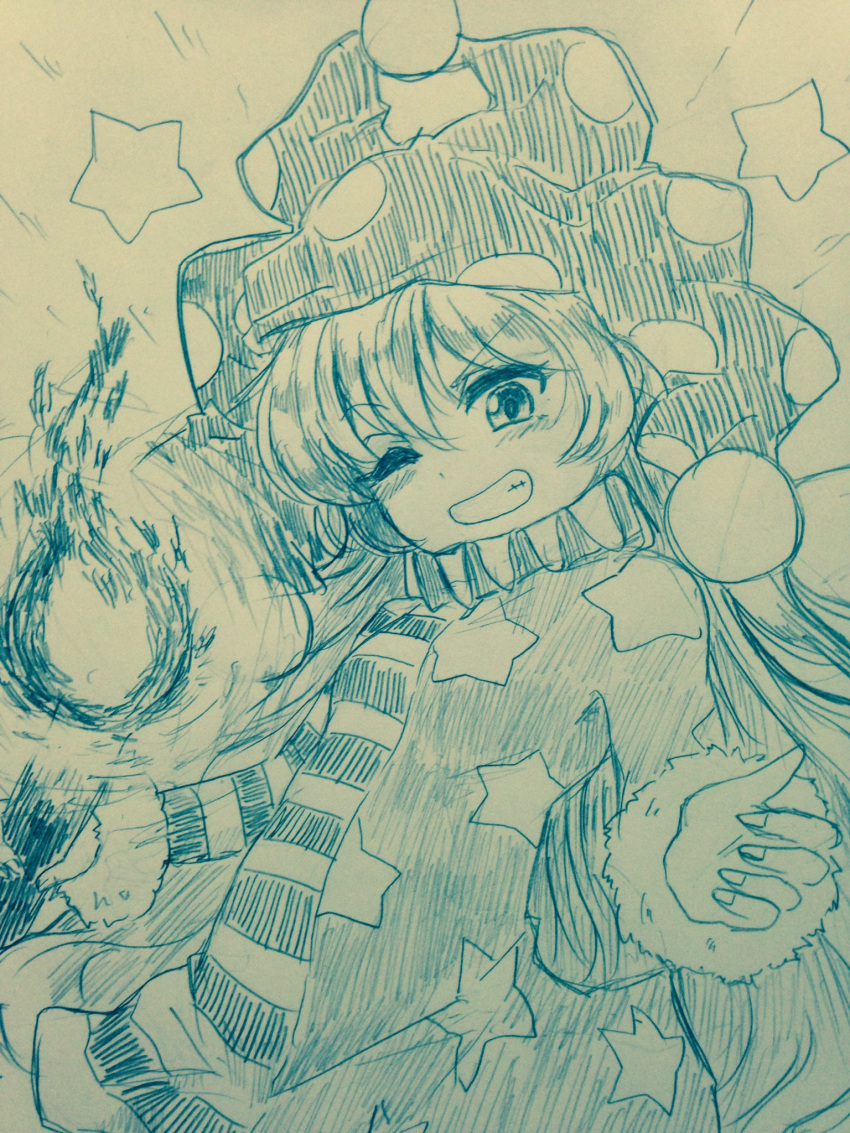 1girl american_flag_dress bangs clownpiece dress efukei fire fur_trim hat highres jester_cap long_hair looking_at_viewer monochrome neck_ruff one_eye_closed polka_dot short_dress sketch smile solo star star_print striped teeth torch touhou touhou_sangetsusei very_long_hair