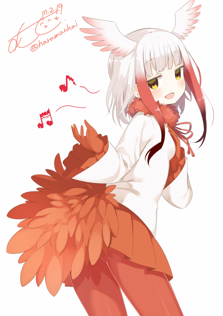 1girl :d bad_singing bangs beamed_semiquavers bird_tail blunt_bangs cowboy_shot crested_ibis_(kemono_friends) dated dot_nose drawstring eyebrows_visible_through_hair eyelashes frilled_sleeves frills from_behind from_side gradient_hair hand_on_own_chest head_wings highres jitome kemono_friends long_sleeves looking_at_viewer looking_back muku_(muku-coffee) multicolored_hair music musical_note open_hand open_mouth pantyhose pleated_skirt quaver red_legwear red_skirt shirt short_hair short_hair_with_long_locks sidelocks signature simple_background singing skirt smile tail twitter_username two-tone_hair white_background white_hair white_shirt white_sleeves wings yellow_eyes