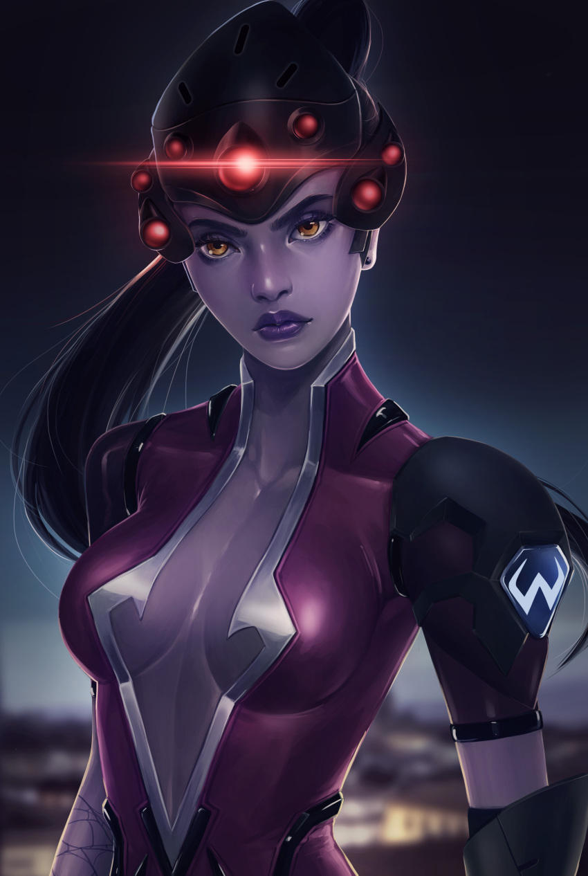 1girl absurdres armor backlighting blurry bodysuit breasts brown_eyes city_lights cleavage collarbone depth_of_field earrings elaine_teh glowing head_mounted_display highres jewelry long_hair medium_breasts overwatch pink_bodysuit ponytail purple_lips purple_skin shoulder_pads solo stud_earrings upper_body widowmaker_(overwatch)