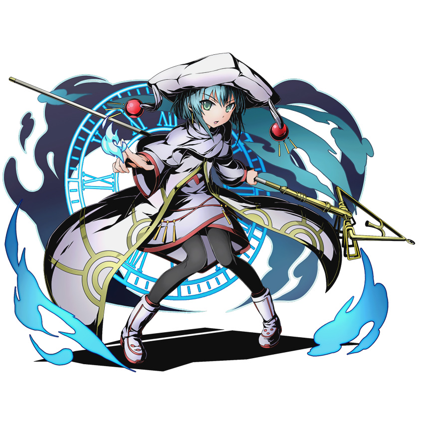 1girl black_legwear blue_hair divine_gate dress eyebrows_visible_through_hair full_body green_eyes hat hecate highres holding holding_weapon looking_at_viewer official_art open_mouth pantyhose shadow shakugan_no_shana short_hair solo transparent_background ucmm weapon