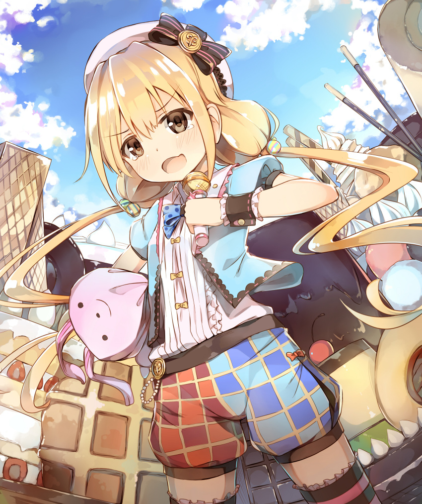 1girl absurdres blonde_hair blue_bow bow bowtie brown_eyes cowboy_shot futaba_anzu hair_ornament hat highres holding holding_microphone idolmaster idolmaster_cinderella_girls idolmaster_cinderella_girls_starlight_stage long_hair looking_at_viewer microphone open_mouth polka_dot polka_dot_bow seneto short_sleeves shorts solo standing striped striped_legwear tears thigh-highs twintails white_hat wrist_cuffs yellow_bow zettai_ryouiki