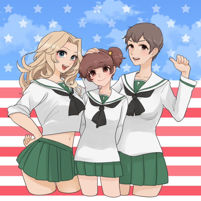 3girls alisa_(girls_und_panzer) alternate_costume american_flag arms_behind_back bangs blonde_hair blouse blue_eyes brown_eyes brown_hair closed_mouth cowboy_shot cropped_legs flag_background freckles girls_und_panzer green_skirt hair_intakes hair_ornament hand_on_another's_head hand_on_hip hao_(udon) highres kay_(girls_und_panzer) long_hair long_sleeves looking_at_viewer midriff miniskirt multiple_girls naomi_(girls_und_panzer) navel neckerchief open_mouth parted_lips pleated_skirt school_uniform serafuku short_hair short_twintails side-by-side skirt sleeves_rolled_up smile standing star star_hair_ornament twintails very_short_hair white_blouse