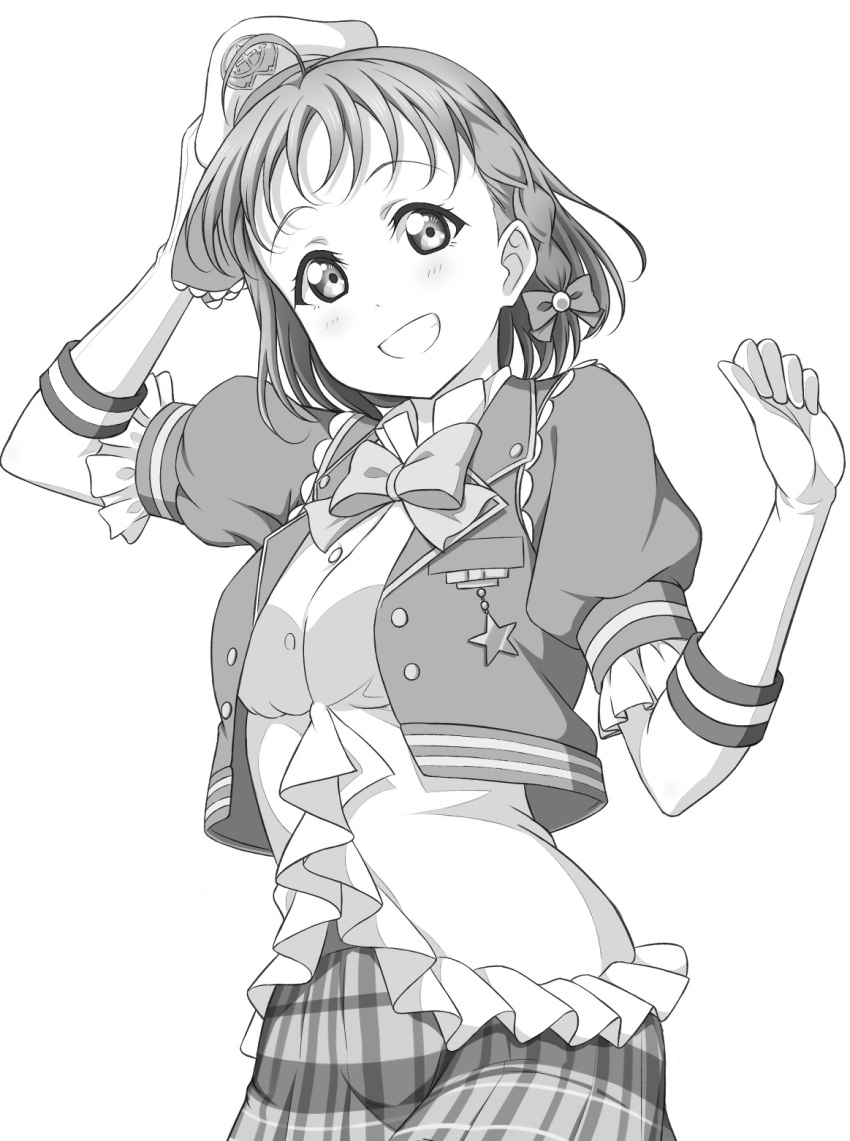1girl bangs blush bow bowtie braid gloves greyscale hair_ornament hat highres looking_at_viewer love_live! love_live!_school_idol_project love_live!_sunshine!! mell_ast monochrome side_braid simple_background sketch smile solo takami_chika white_background work_in_progress