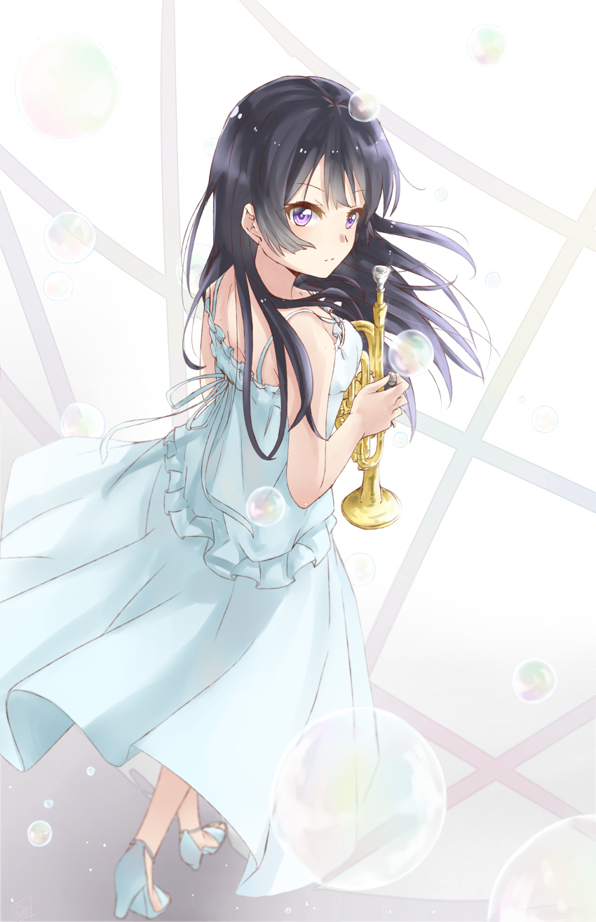 1girl absurdres bare_shoulders black_hair bubble dress frilled_dress frills hibike!_euphonium high_heels highres holding_instrument instrument kousaka_reina large_filesize limitless-skye long_hair looking_back one_leg_raised shoes sleeveless sleeveless_dress solo standing sundress trumpet violet_eyes white_dress