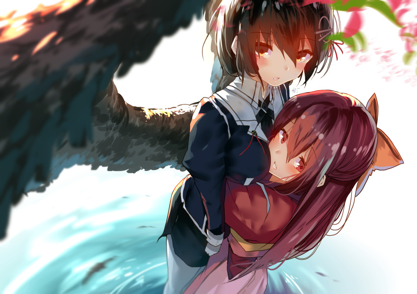 2girls absurdres black_hair black_skirt bow brown_eyes from_above gloves haguro_(kantai_collection) hair_bow hakama highres hug japanese_clothes kamikaze_(kantai_collection) kantai_collection kimono long_hair meiji_schoolgirl_uniform multiple_girls pantyhose pink_hakama purple_hair red_eyes ripples short_hair skirt standing tasuki tree_branch uniform white_gloves white_legwear yellow_bow yueqin_(monnpiano)