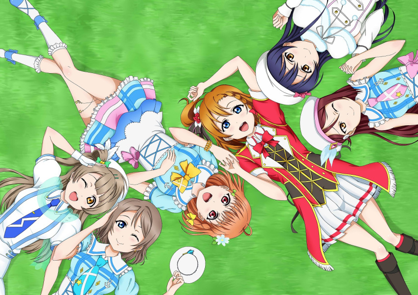 6+girls black_legwear blue_eyes blue_hair blush bow brown_eyes brown_hair commentary_request grass grey_hair hair_bow hat kousaka_honoka long_hair looking_at_viewer love_live! love_live!_school_idol_project love_live!_sunshine!! lying mell_ast minami_kotori multiple_girls on_back one_eye_closed one_side_up open_mouth orange_hair redhead sakurauchi_riko side_ponytail smile sonoda_umi takami_chika thighs violet_eyes watanabe_you white_legwear yellow_eyes