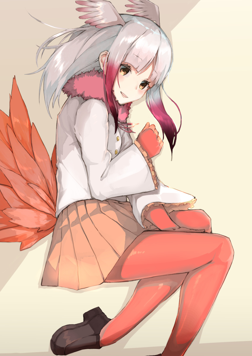 1girl absurdres bangs between_legs brown_eyes brown_skirt crested_ibis_(kemono_friends) eyebrows_visible_through_hair feathers fingerless_gloves frilled_sleeves frills from_above gloves gradient_hair hand_between_legs head_wings highres kemono_friends loafers long_hair long_sleeves looking_at_viewer lying mugcup multicolored_hair on_side pantyhose parted_lips plantar_flexion pleated_skirt purple_hair red_gloves red_legwear shade shoes sidelocks silver_hair skirt smile solo tail wide_sleeves