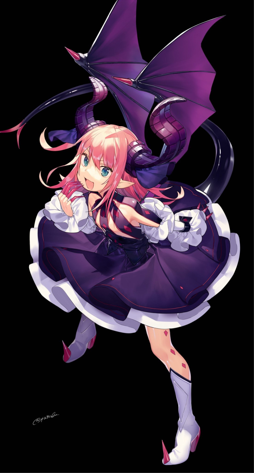 1girl black_background blue_ribbon boots breasts claws demon_wings detached_sleeves fate/extra fate/extra_ccc fate_(series) flower full_body green_eyes hair_ribbon high_heels highres horns lancer_(fate/extra_ccc) legs_apart long_hair looking_at_viewer misoni_comi open_mouth pink_hair pointy_ears purple_skirt ribbon signature skirt small_breasts smile solo spikes tail white_boots white_legwear wings