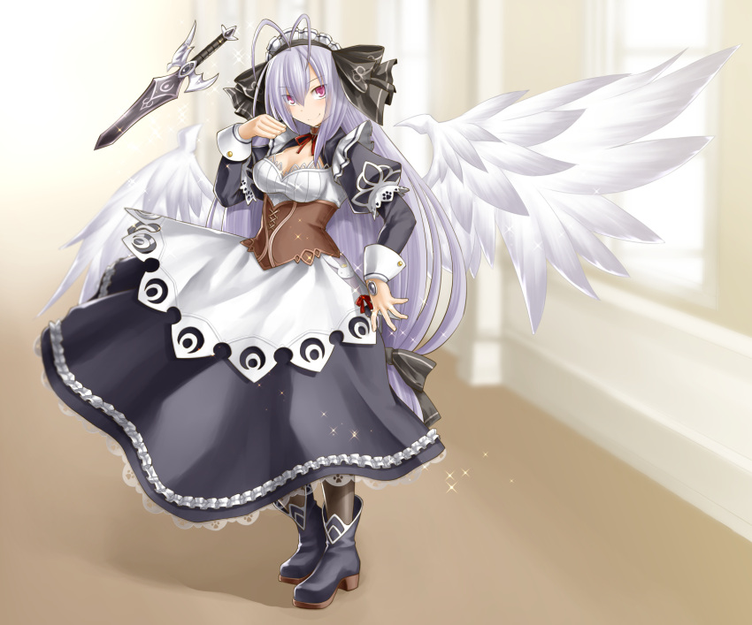 1girl ankle_boots antenna_hair apron black_legwear blush boots breasts cleavage collar corset emil_chronicle_online feathered_wings floating_swords full_body gem hair_over_one_eye hair_ribbon highres juliet_sleeves kasuga_yukihito lavender_hair long_hair long_sleeves looking_at_viewer low-tied_long_hair maid maid_apron maid_headdress medium_breasts pink_eyes puffy_sleeves ribbon short_sword smile solo sword very_long_hair weapon white_wings wings wrist_cuffs
