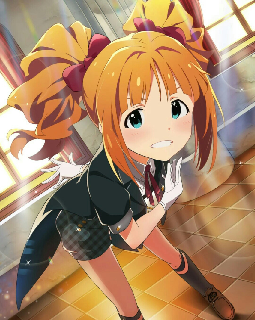 1girl bent_over black_legwear black_shorts blue_eyes bow checkered checkered_floor derivative_work gloves grin hair_bow highres idolmaster indoors kneehighs long_hair looking_at_viewer muren_k1ht neck_ribbon orange_hair red_bow red_ribbon ribbon shorts smile solo takatsuki_yayoi twintails white_gloves window