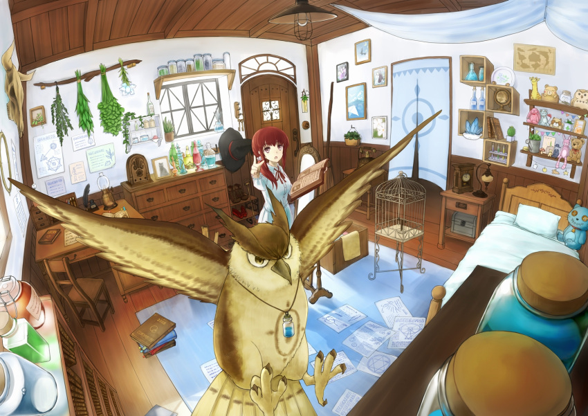 1girl bed bedroom bird book bookshelf broom broom_riding cage clock desk door from_above gensuke_(ryun) hat hat_removed headwear_removed highres holding holding_book indoors lantern map mirror neck_ribbon open_mouth owl paper pentagram photo_(object) plant pointing potted_plant redhead ribbon scenery solo stuffed_animal stuffed_bird stuffed_bunny stuffed_cat stuffed_giraffe stuffed_toy vial vines violet_eyes window witch