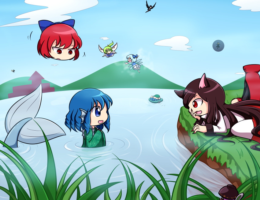 6+girls cirno daiyousei highres imaizumi_kagerou kawashiro_nitori kirisame_marisa lake multiple_girls norimaki0122 rumia sekibanki shameimaru_aya tagme touhou wakasagihime water