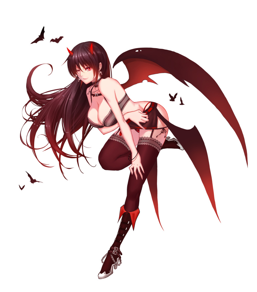 1girl ;) athena_chronicles bare_shoulders bat belt black_legwear boots bra bracelet breasts chains choker cleavage cross cross_earrings demon_girl demon_horns demon_wings earrings full_body garter_straps groin high_heel_boots high_heels highres horns jewelry leaning_forward midriff necklace one_eye_closed smile solo standing standing_on_one_leg succubus thigh-highs underwear wings xion32