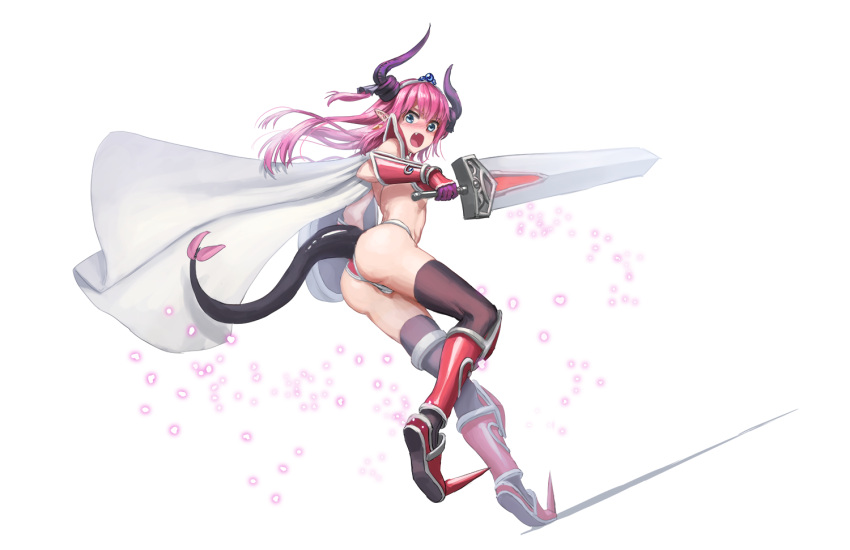 1girl armor ass athenawyrm bikini_armor blue_eyes blush cape dragon_girl dragon_tail elizabeth_bathory_(brave)_(fate) fang fate/grand_order fate_(series) full_body hairband horns lancer_(fate/extra_ccc) long_hair open_mouth pink_hair pointy_ears shoulder_armor solo spikes sword tail tiara vambraces weapon