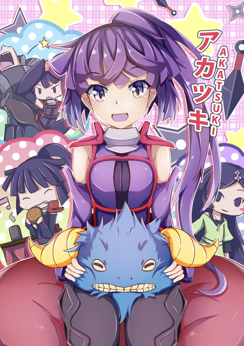 1boy 1girl :q absurdres akatsuki_(log_horizon) arm_up black_pants bread closed_eyes detached_sleeves eyebrows_visible_through_hair food grey_eyes hair_ornament high_ponytail highres holding invisible_chair jewelry kicking log_horizon long_hair looking_at_viewer melon_bread necklace open_mouth pants purple_hair shiny shiny_skin side_ponytail sitting sleeveless sylphine tongue tongue_out
