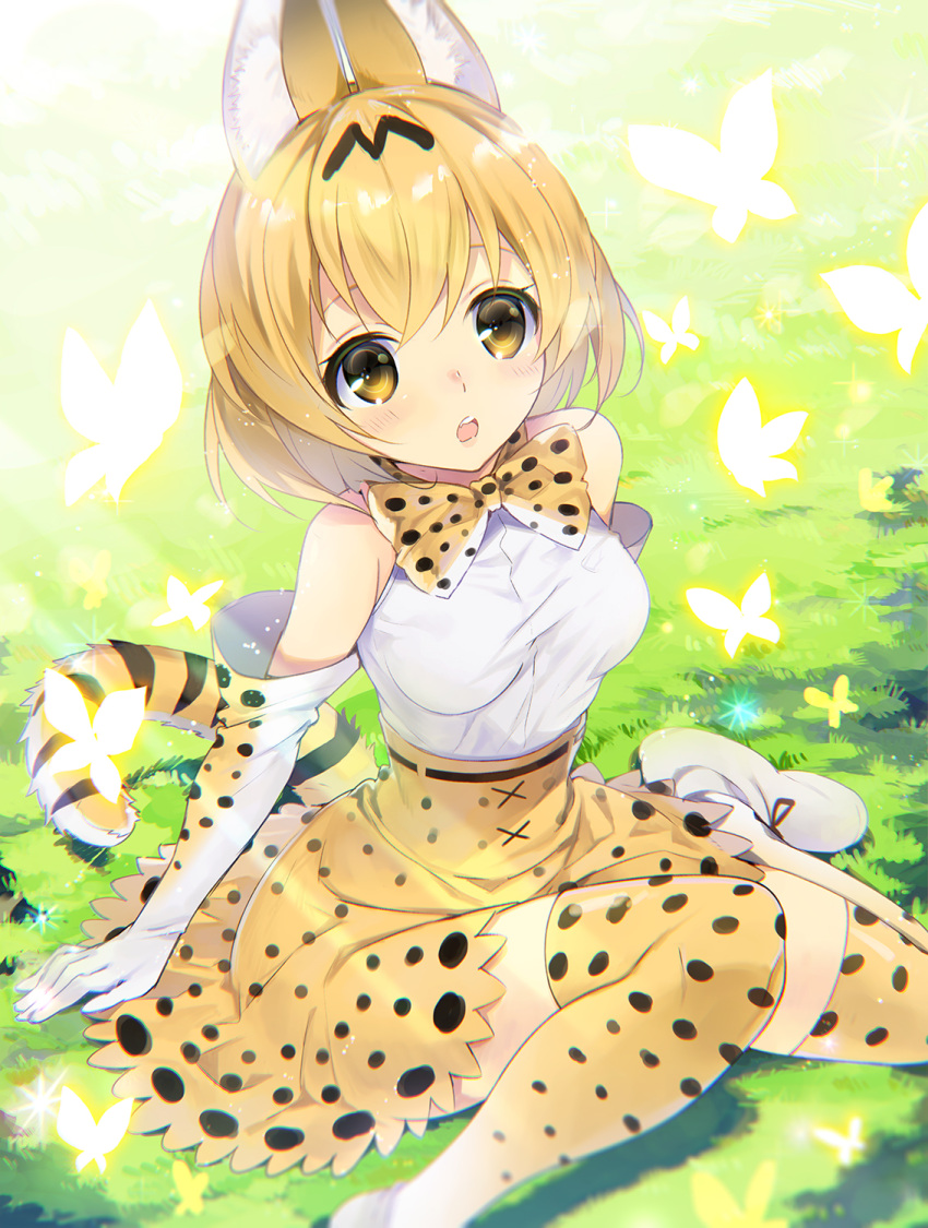 1girl animal_ears animal_print bangs blonde_hair blush bow bowtie breasts brown_bow brown_bowtie butterfly cat_ears cat_tail day elbow_gloves gloves grass highres kemono_friends medium_breasts open_mouth outdoors rugo serval_(kemono_friends) serval_ears serval_tail shirt short_hair sitting sleeveless solo tail tan_skirt teeth thigh-highs white_gloves white_shirt yellow_eyes
