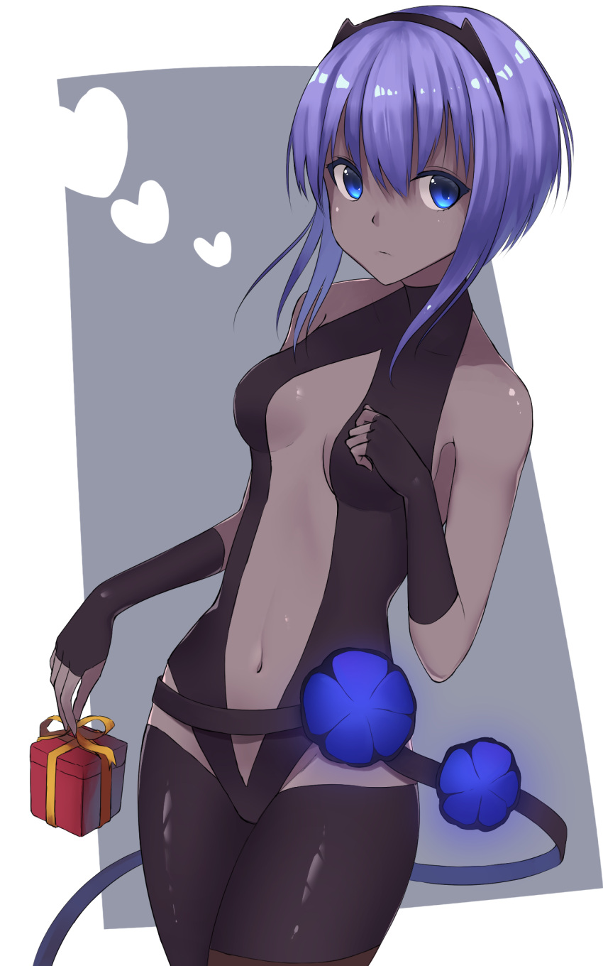 1girl assassin_(fate/prototype_fragments) black_gloves black_legwear black_leotard black_skin blue_eyes box breasts cleavage fate/prototype fate/prototype:_fragments_of_blue_and_silver fate_(series) fingerless_gloves gift gift_box gloves highres holding holding_box karuno_mizuki_(kyuu_arupaka) leotard looking_at_viewer midriff navel purple_hair shiny shiny_skin short_hair_with_long_locks sidelocks simple_background small_breasts solo stomach white_background