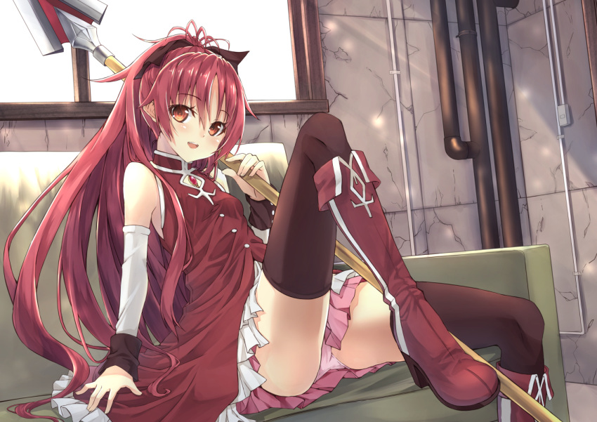 1girl bare_shoulders black_legwear boots couch detached_sleeves leg_up long_hair looking_at_viewer mahou_shoujo_madoka_magica open_mouth panties pantyshot pantyshot_(sitting) pink_panties pink_skirt pleated_skirt polearm ponytail red_eyes redhead sakura_kyouko sitting skirt smile solo spear thigh-highs totika underwear very_long_hair weapon window