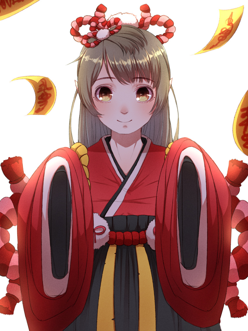 1girl absurdres brown_eyes brown_hair chinese_clothes cosplay hair_ornament highres kinora long_hair looking_at_viewer love_live! love_live!_school_idol_project minami_kotori ofuda onmyoji smile solo tiaotiaomeimei tiaotiaomeimei_(cosplay) upper_body white_background