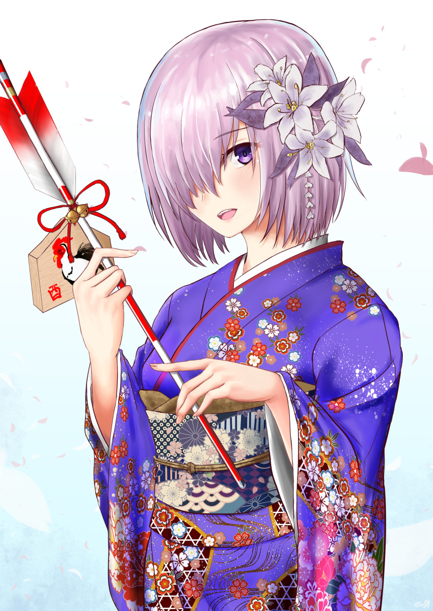 1girl absurdres cherry_blossoms fate/grand_order fate_(series) flower grey_flower hair_flower hair_ornament hair_over_one_eye highres holding_arrow japanese_clothes kimono looking_at_viewer nozoyuki open_mouth purple_hair sash shielder_(fate/grand_order) short_hair simple_background solo upper_body violet_eyes white_background yukata