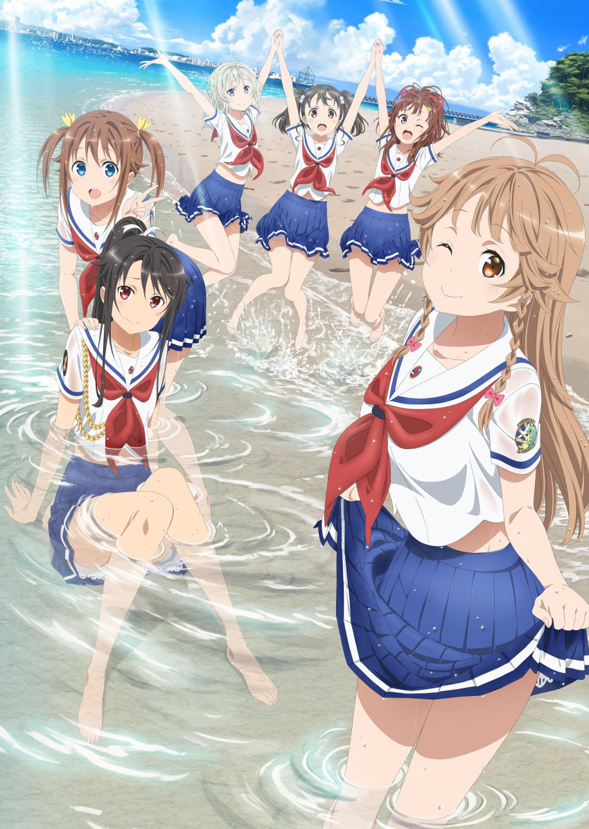 6+girls :d ;) ;d arms_up barefoot beach black_hair blue_skirt bow braid brown_eyes brown_hair collarbone feet hair_bow hair_ribbon hand_holding hand_on_another's_shoulder high_ponytail high_school_fleet highres interlocked_fingers irizaki_mei jumping long_hair looking_at_viewer misaki_akeno multiple_girls munetani_mashiro nosa_kouko ocean official_art one_eye_closed open_mouth outdoors partially_submerged pink_bow pleated_skirt red_eyes ribbon scan school_uniform serafuku shiretoko_rin shirt short_sleeves silver_hair sitting skirt skirt_hold smile solo tateishi_shima toes tree twin_braids v very_long_hair wading water wet wet_clothes wet_shirt wet_skirt white_ribbon white_shirt yellow_ribbon