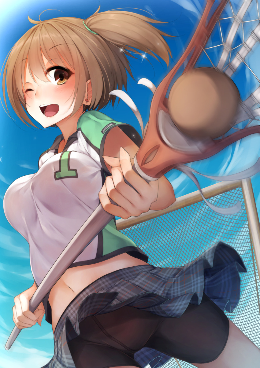 1girl ;d bike_shorts black_shorts blue_skirt blue_sky blush breasts brown_eyes brown_hair collared_shirt cowboy_shot day eyebrows_visible_through_hair hair_tie highres holding lacrosse lacrosse_ball medium_breasts moe2017 motion_lines navel one_eye_closed open_mouth original outdoors plaid plaid_skirt pleated_skirt rerrere round_teeth shirt short_hair short_sleeves shorts side_ponytail skirt sky smile solo stomach tareme teeth upskirt white_shirt wing_collar