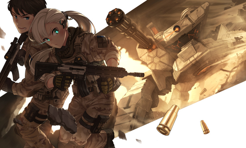 1boy 1girl action assault_rifle belt belt_pouch blonde_hair blue_eyes boots brown_hair camouflage carv casing_ejection closed_mouth desert_pattern dutch_angle earpiece eotech gatling_gun gloves glowing glowing_eyes gun heckler_&amp;_koch hk416 knee_pads load_bearing_vest long_hair mecha military military_uniform open_mouth original ponytail pouch projected_inset rifle rubble scope shell_casing short_hair sleeves_rolled_up thigh_strap uniform walker weapon white_background