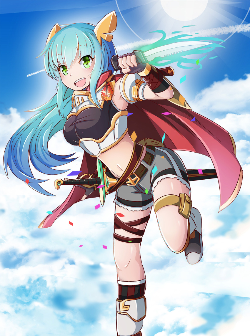 1girl :d belt black_gloves blue_hair breasts cape combat_knife crop_top eyebrows_visible_through_hair fingerless_gloves floating_hair gloves green_eyes grey_shorts groin hair_ornament highres holding holding_knife knife long_hair medium_breasts midriff million_arthur_(series) navel one_leg_raised open_mouth original sheath sheathed shiny shiny_skin short_shorts shorts smile solo sun sword sylphine very_long_hair weapon