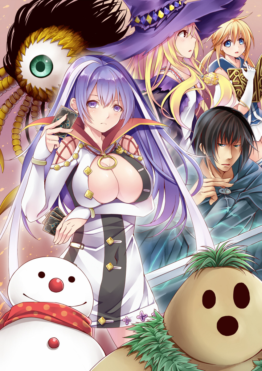 black_hair blonde_hair blue_eyes breast_hold breasts brown_eyes brown_hair character_request cleavage commentary_request creek_(moon-sky) gloves hair_between_eyes hat highres hood hoodie isabelle_(mitou_shoukan) large_breasts long_hair looking_at_viewer purple_hair shadowverse violet_eyes white_gloves witch_hat