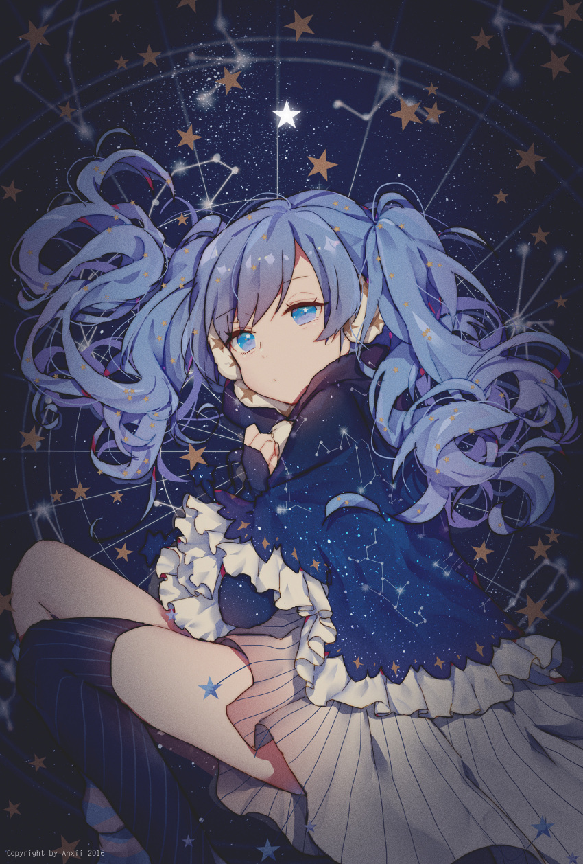 1girl 2016 acidear artist_name bangs blue_eyes blue_hair blue_legwear capelet closed_mouth constellation constellation_print dress earmuffs expressionless eyebrows_visible_through_hair frills fuyu_no_yoru_miku hatsune_miku highres long_hair looking_at_viewer lying on_side single_thighhigh sky solo space_print star star_(sky) starry_background starry_sky starry_sky_print swept_bangs thigh-highs twintails vocaloid watermark wavy_hair white_dress