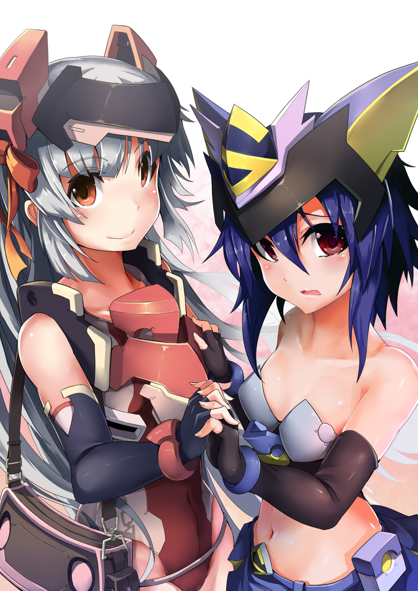 2girls absurdres animal_ears armor bag bangs bare_shoulders black_gloves blue_hair blue_skirt blush bracelet breasts brown_eyes closed_mouth collarbone covered_navel elbow_gloves eyebrows_visible_through_hair fingerless_gloves floating_hair gloves gradient gradient_background hair_between_eyes hair_ribbon hand_holding hand_on_another's_chest handbag headgear highres interlocked_fingers jewelry jie_laite leotard long_hair looking_at_viewer looking_to_the_side midriff multicolored multicolored_clothes multicolored_skirt multiple_girls navel open_mouth orange_ribbon original pink_background red_eyes ribbon shiny shiny_clothes shiny_hair shiny_skin short_hair sidelocks silver_hair skirt small_breasts smile standing stomach very_long_hair white_background